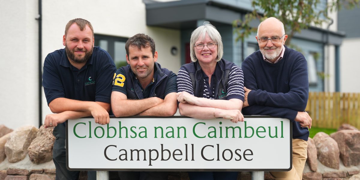 Joe Curry (Site Manager), Mark Maclennan (Contracts Manager),  Rhona Donnelly (Managing Director) and John McHardy (Retired Development Manager - Highland Council)